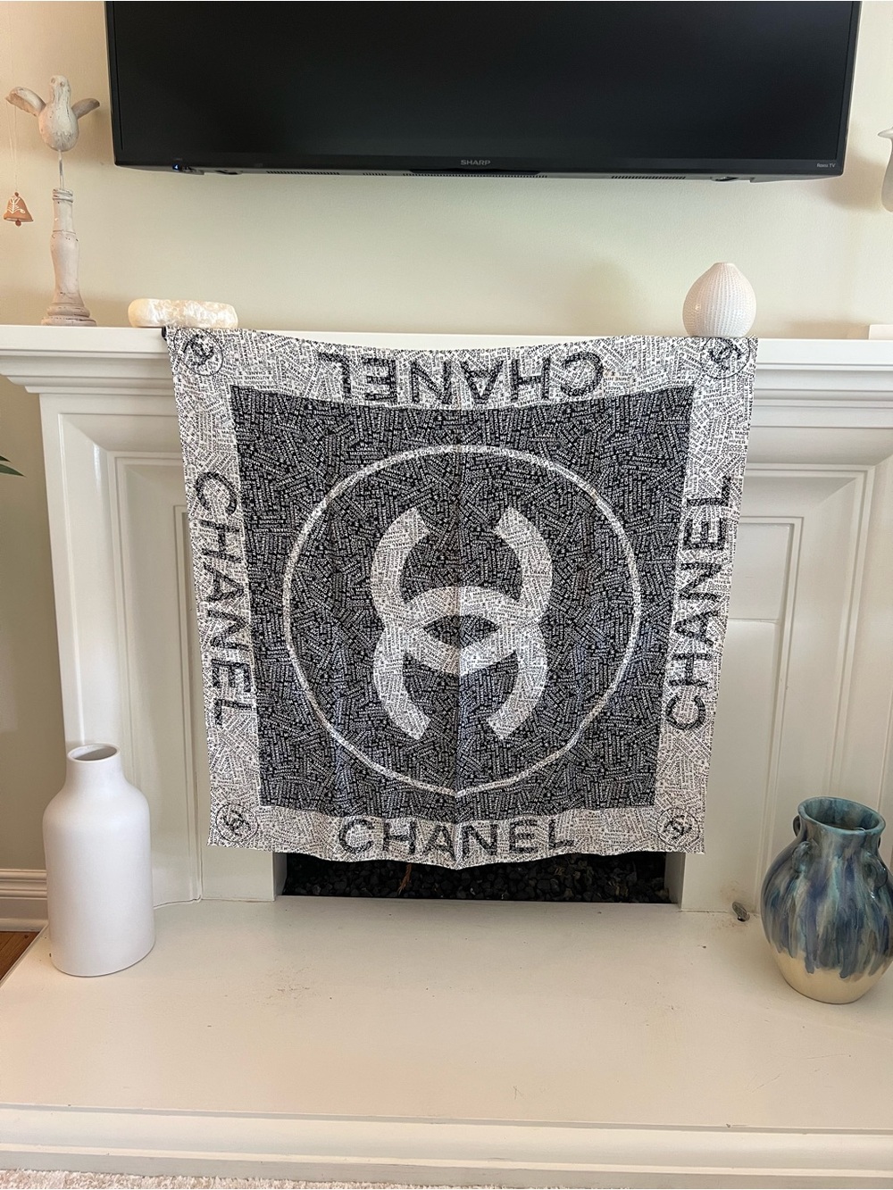 CHANEL Black and White Logo Silk Scarf